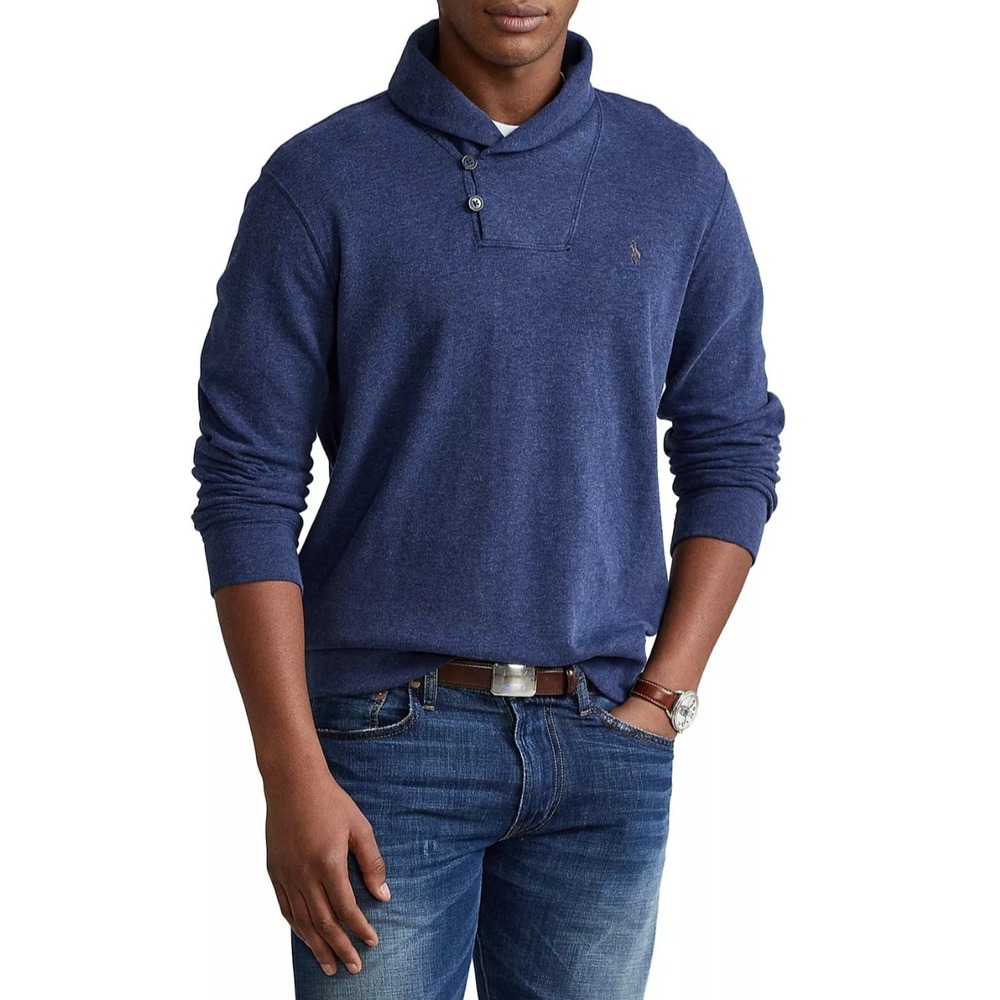 Polo Ralph Lauren Shawl Collar‎ Pullover Sweater 100% Cotton Men's Blue Sz L